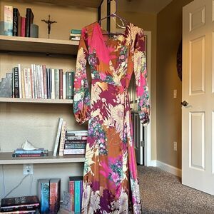 Lulu’s Put on a Smile Burgundy Floral Print Satin Wrap Maxi Dress, size S.
